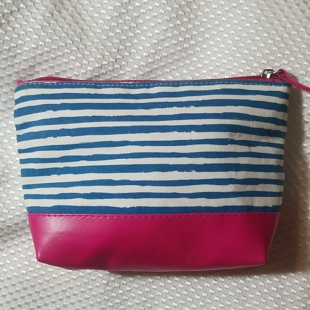 TOO FACED BLUE & WHITE STRIOED COSMETIC CASE